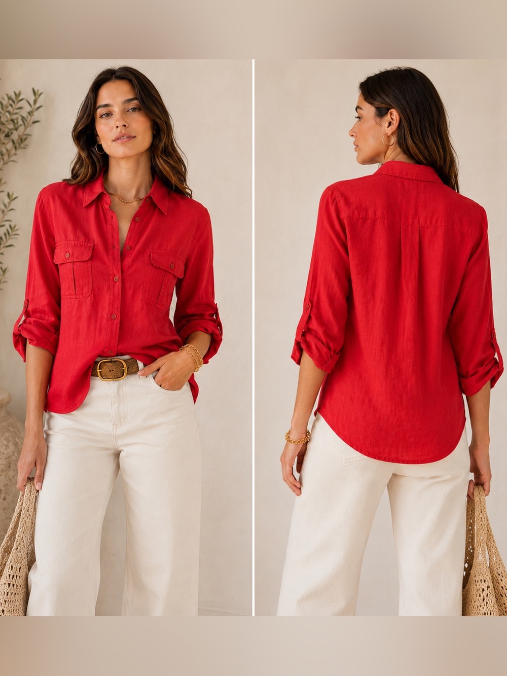 Theory Red Linen Button Down Shirt Utility Pockets Roll Tab Sleeve L
